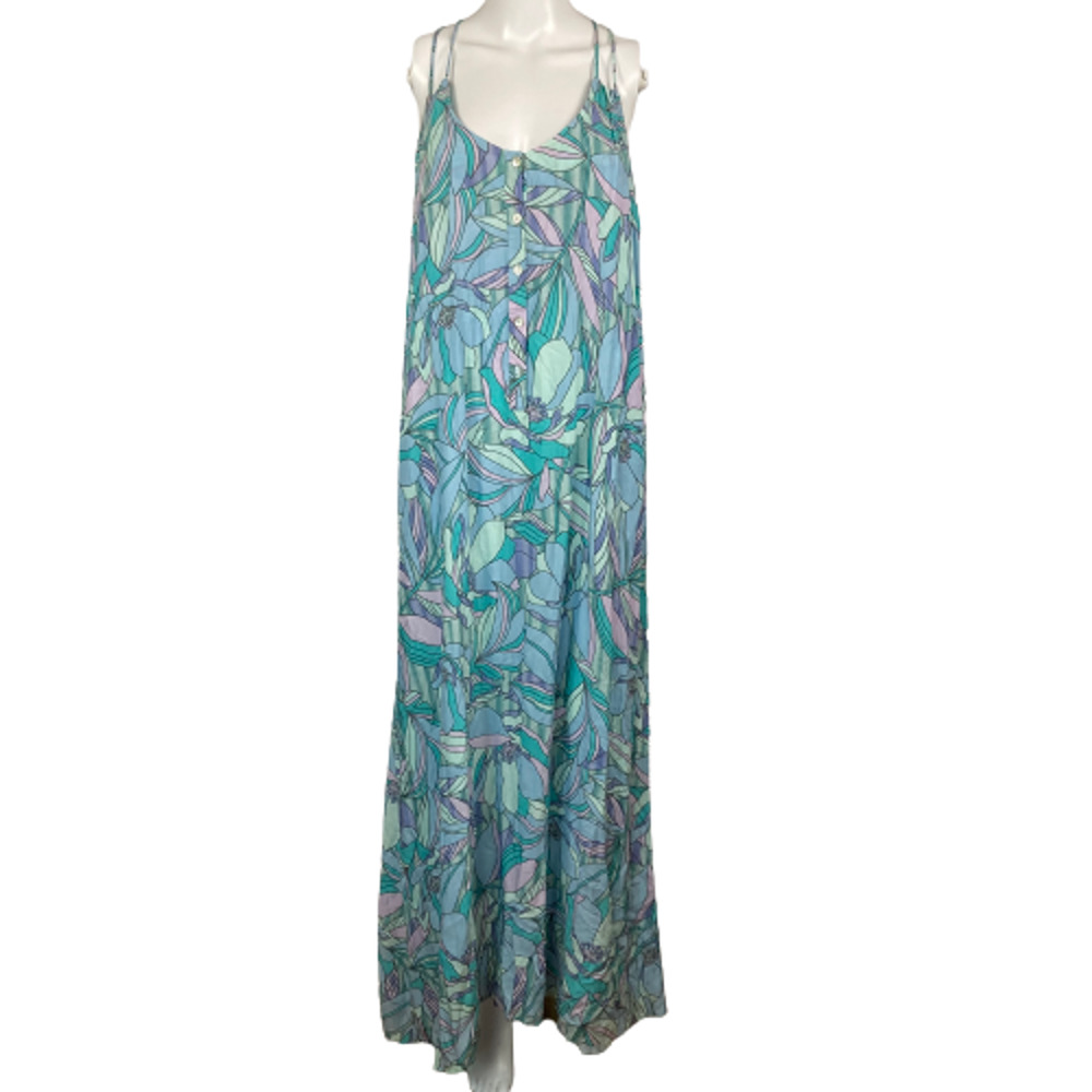 Dejavu Dress Womens Sz S Blue Purple Print V-Neck Spaghetti Strap Maxi‎